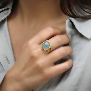 Gold Aquamarine Ring · March Birthstone Ring · Blue Green Ring · Gemstone Ring · Semiprecious Ring · Square Ring · Gold Rings For Women