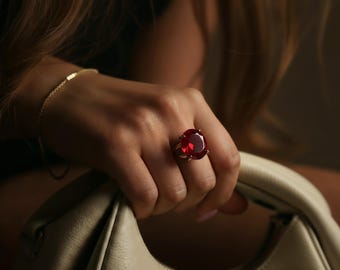 Gold Ruby Ring · Yellow Gold Vermeil Ring · Red Gemstone Ring for Women · Handmade Statement Jewelry · Birthday Gift Ring