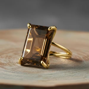 Gold Smoky Quartz Ring · Rectangle Brown Quartz Ring · Solid Gold Statement Ring