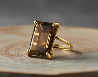 Gold Smoky Quartz Ring · Rectangle Brown Quartz Ring · Solid Gold Statement Ring