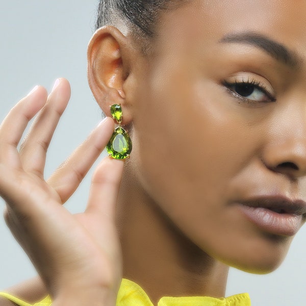 Long Peridot Earrings · Long Bridal Earrings · Pear Drop Gold Earrings · Handmade Earrings For Women · August Birthstone Earrings Gift