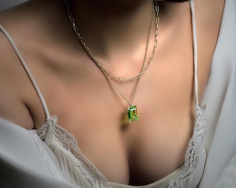 Green Tourmaline Pendant · Rectangle Pendant Necklace in Gold · August Birthstone Necklace · Gold Necklace for Women · Everyday Necklace