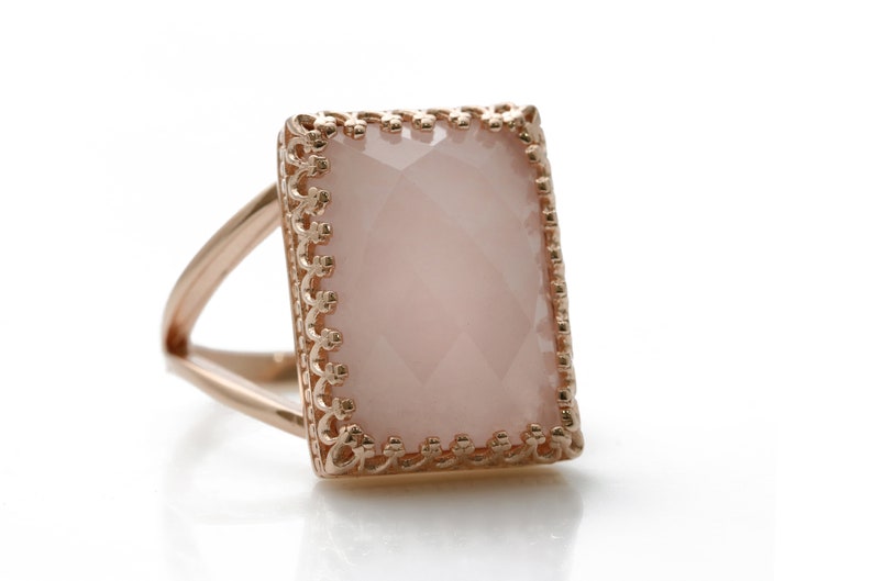 Rose Quartz Ring Large Cocktail Ring Rectangular Ring Rose Gold Ring Statement Ring Gemstone Ring Love Ring Lovers Ring image 3