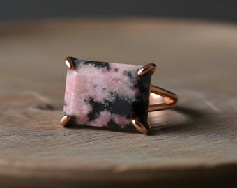 Pink Rhodonite Rose Gold Ring · Square Cut Pink Stone Ring · Gemstone Ring For Women · Statement Ring