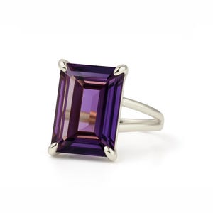 925 Amethyst Ring · February Birthstone Ring · Purple Amethyst Silver Rectangle Emerald Cut Ring