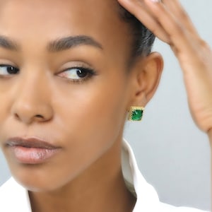 Emerald Vermeil Gold Earrings · 24k Earrings · Square Gemstone Earrings · Crystal Earrings · Luck Healing Earrings · Victorian Earrings