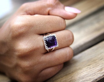 ETSY BIRTHDAY SALE - Amethyst ring,Silver gemstone ring,square ring,purple ring,February birthstone ring,double band ring