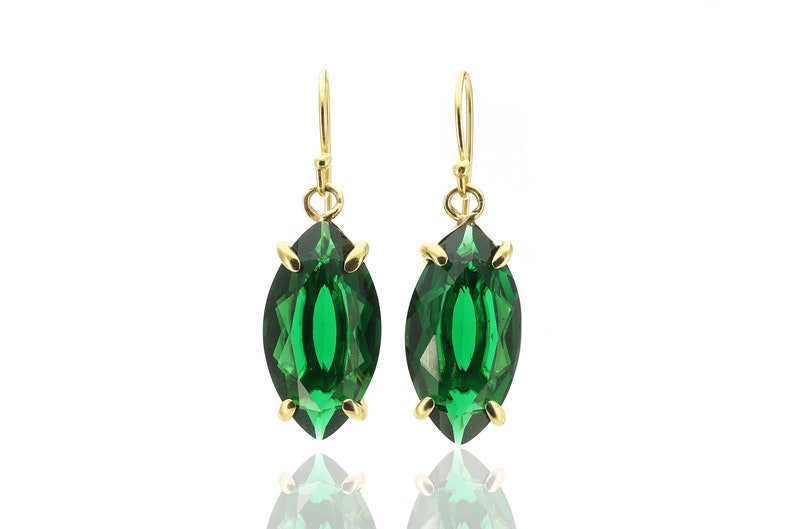 Green Emerald Marquise Earrings Gold Dangle Earrings May Birthstone Earrings Minimalist Prong Earrings 18k Solid Gold Earrings image 4