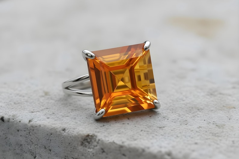 Silver Citrine Ring · Sterling Silver Ring · Gemstone Ring · Semiprecious Ring · Cocktail Ring · Square Ring · November Birthstone Ring image 3
