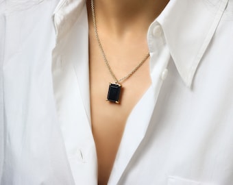 Black Onyx Pendant Necklace · Rectangle Pendant · Gold Necklace · Semiprecious Pendant · Gold Prong Pendant · Long Necklace For Women
