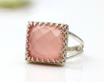 ETSY BIRTHDAY SALE - Pink chalcedony ring,square gemstone ring,square ring,silver ring,prong ring,solitaire ring,handmade ring