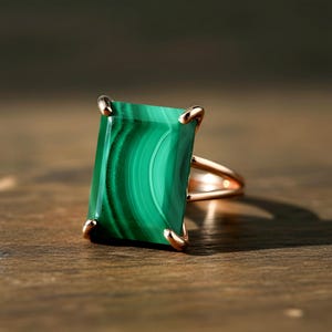 Rare Rectangular Rose Gold Malachite Ring · Rectangle Gemstone Statement Jewelry