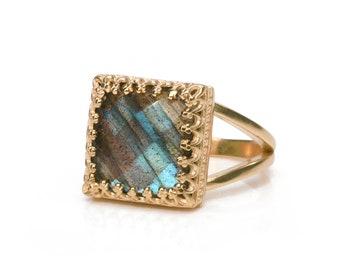 Labradorite Ring · Gemstone Ring · Square Ring · Vintage Ring · Rose Gold Ring · Pink Gold Ring · Mom Gift · Rainbow Labradorite Ring