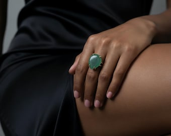 Pear Cut Green Aventurine Ring · 14k Gold Gemstone Ring · Handmade Prong Setting Statement Ring · Green Stone Cocktail Ring