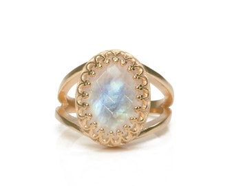 Moonstone Rainbow Ring · Rose Gold Ring · White Gemstone Ring · Feminine Ring · Pink Gold Jewelry · Gold Filled Ring