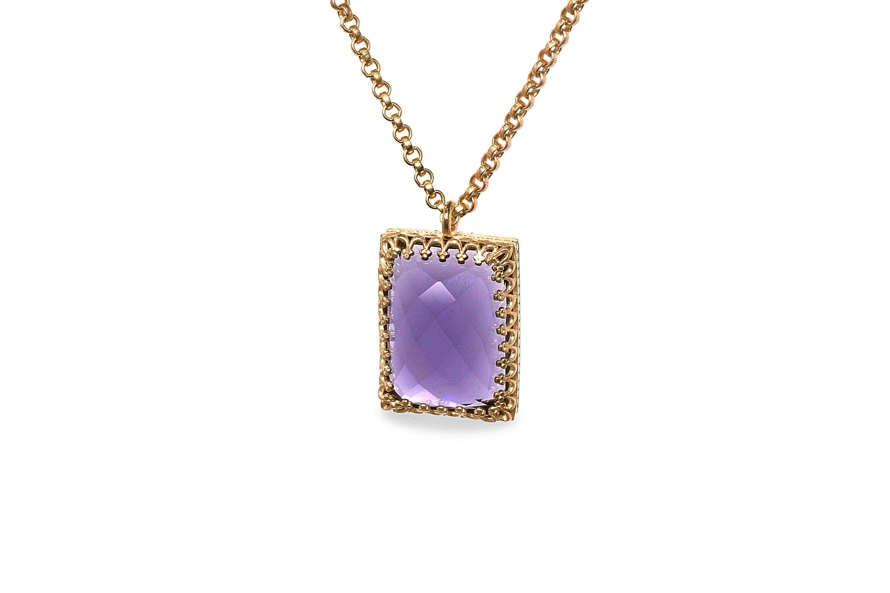 Collana Donna Con Ciondolo Ametista Viola Taglio Ottagonale &ndash; 18 Pollici, Catena A Maglia Ovale
