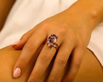 Marquise Rhodonite Statement Ring · 14k Solid Gold · Long Gemstone Pink Stone Ring