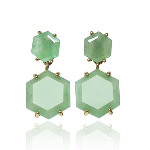 One of A Kind Gemstone Earrings · Gold Dangle Aventurine Earrings · Green Aventurine 18k Earrings · Hexagon Bridal Earrings Dangle image 5