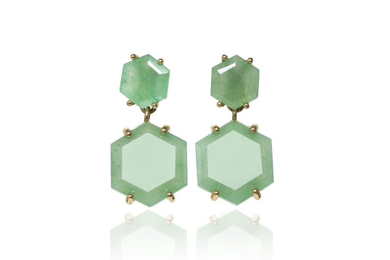 One of A Kind Gemstone Earrings · Gold Dangle Aventurine Earrings · Green Aventurine 18k Earrings · Hexagon Bridal Earrings Dangle image 5