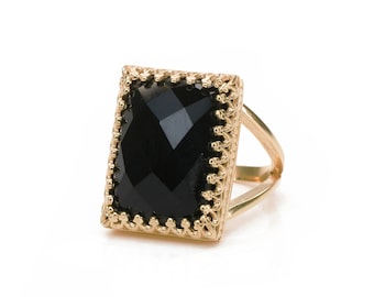 Fine Rings For Women · Rose Gold Onyx Ring · Black Onyx Ring · Rectangle Ring · Pink Gold Gem Ring · Gemstone Rings