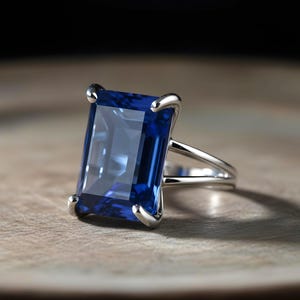 Rectangular Sapphire Ring · 14k Gold Sapphire Ring · 14k Emerald Cut Ring · Deep Blue Ring · Gold Rectangle Ring image 6