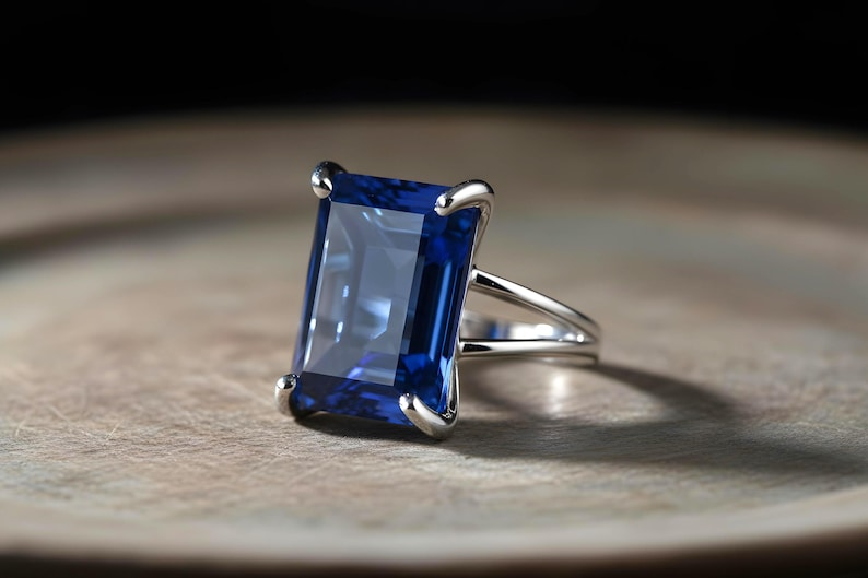 Rectangular Sapphire Ring · 14k Gold Sapphire Ring · 14k Emerald Cut Ring · Deep Blue Ring · Gold Rectangle Ring image 6