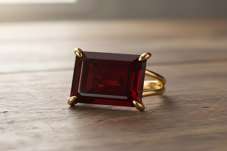 Rectangular Garnet Ring · January Gemstone Ring · Emerald Cut Garnet Ring · 14k Gold Filled Garnet Ring · Custom Engraved Ring image 2