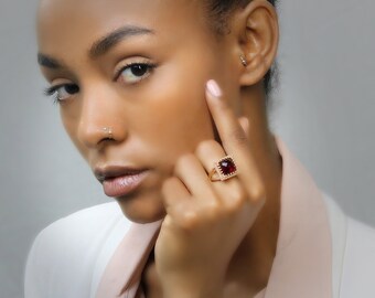 Rose Gold Garnet Ring · Double Band Ring · Square Handmade Ring · Rose Solitaire Ring · Garnet Ring · 14k Gemstone Ring