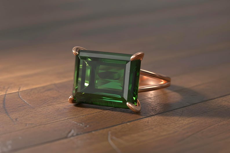 Silver Emerald Ring · Green Emerald Ring · 925 Rectangle Ring · May Birthstone Ring · Large Wide Prong Ring image 9