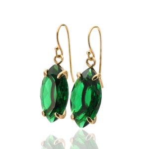 Green Emerald Marquise Earrings Gold Dangle Earrings May Birthstone Earrings Minimalist Prong Earrings 18k Solid Gold Earrings image 7