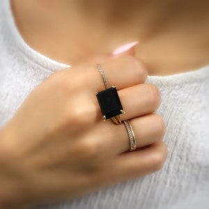 Gold Black Onyx Ring · Wide Rectangle Ring · 14k Gold Gemstone Ring · Customized Cut Ring · Rings For Women · Black Diamond Ring