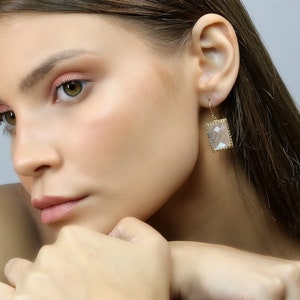 Faceted Crystal Quartz Rectangle Gold Dangle Earrings · Long Earrings for Women · Semiprecious Gemstone Earrings