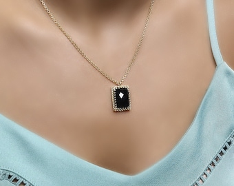Schwarze Onyx Halskette · 14k Gold Filled Edelstein Halskette · Benutzerdefinierte langer schwarzer Anhänger · Rechteck-Halskette · Statement-Halskette
