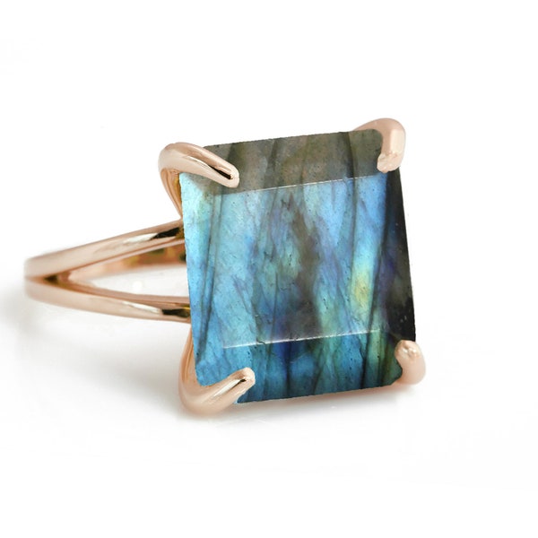 Labradorite Ring · Rose Gold Ring · Pink Gold Gem Ring · Gemstone Ring · Square Cut Ring · Large Stone Ring · Gift For Mom