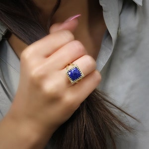 Gold Lapis Ring · September Birthstone Ring · Lapis Lazuli Ring · Square Ring · Gemstone Ring · Navy Blue Ring · Cocktail Ring For Women