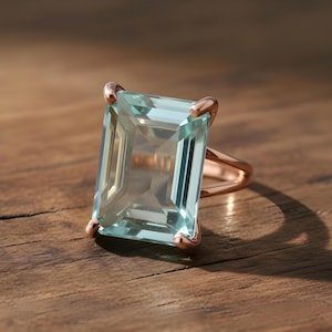 14k Rose Gold Topaz Ring · Large Rectangle Gemstone Ring · November Birthstone Ring · Blue topaz Ring · Custom Engraved Ring