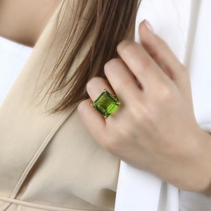 Gold Peridot Ring · Square Peridot Stone Ring · Gemstone Ring · August Birthstone Ring · Gifts For Her · Green Statement Ring