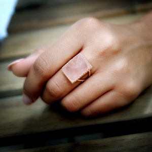 Rose Quartz Ring Large Cocktail Ring Rectangular Ring Rose Gold Ring Statement Ring Gemstone Ring Love Ring Lovers Ring image 5