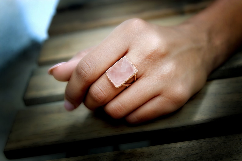 Rose Quartz Ring Large Cocktail Ring Rectangular Ring Rose Gold Ring Statement Ring Gemstone Ring Love Ring Lovers Ring image 5