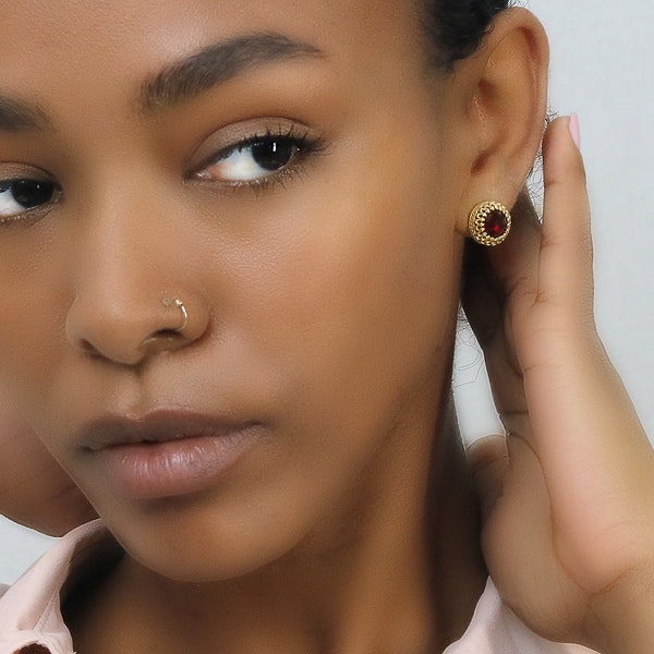 Gold Garnet Earrings · Round Gold Earrings · Gemstone Earrings · Garnet Post Earrings · Garnet Stud Earrings · Everyday Earrings