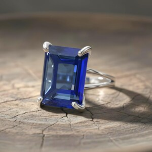 Rectangular Sapphire Ring · 14k Gold Sapphire Ring · 14k Emerald Cut Ring · Deep Blue Ring · Gold Rectangle Ring image 9