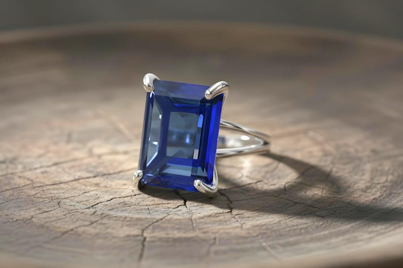 Rectangular Sapphire Ring · 14k Gold Sapphire Ring · 14k Emerald Cut Ring · Deep Blue Ring · Gold Rectangle Ring image 9