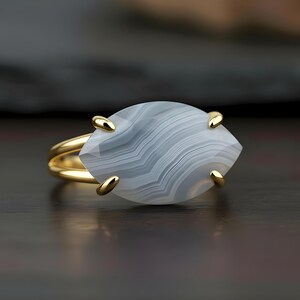 Blue Lace Agate Ring · Large Marquise Ring · Sterling Silver Gemstone Ring · Gift For Mom · 925 Silver Stone Ring · Natural Gem Ring image 5