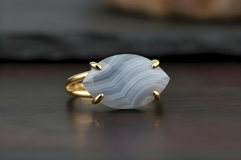 Blue Lace Agate Ring · Large Marquise Ring · Sterling Silver Gemstone Ring · Gift For Mom · 925 Silver Stone Ring · Natural Gem Ring image 5