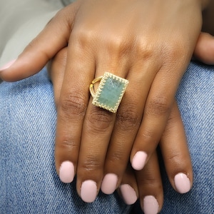 March Birthstone Ring · Gold Aquamarine Ring · 14k Gold Rectangle Ring · Birthday Gift · Custom Gemstone Ring · Size 11 Gem Ring
