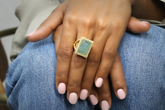 March Birthstone Ring Gold Aquamarine Ring 14k Gold Rectangle Ring