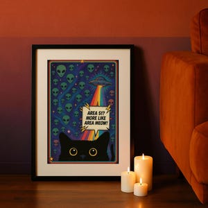 Framed Art Print | Area 51 Cat Aesthetic, Funny Alien Decor, Gift for Cat Lovers, Quirky Wall Art, Cosmic Humor