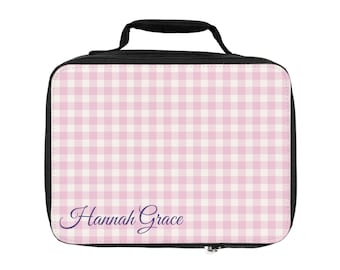 Bolsa de almuerzo personalizada de cuadros rosas / Lonchera infantil con nombre personalizado