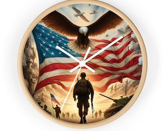 Horloge murale American Pride : militaire, aigle, drapeau des États-Unis - Cadre en bois de 25 cm (10 po.)