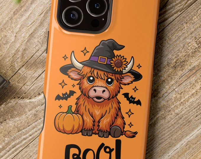 Featured listing image: Halloween Highland Cow iPhone Case: Witch Hat, Pumpkin, MagSafe